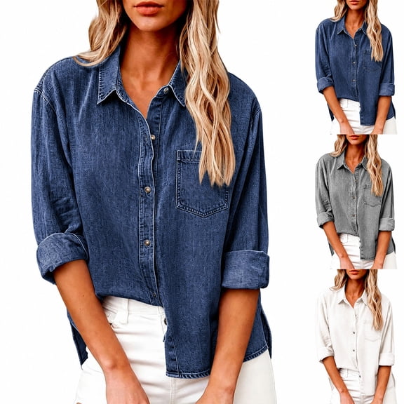 KLHDSF Denim Shirt Women Long Sleeve Button Down Western Jean Shirts Collared, Roll Up, with Pockets, Baggy, Lightweight, Shacket, Casual Office Dark Blue L