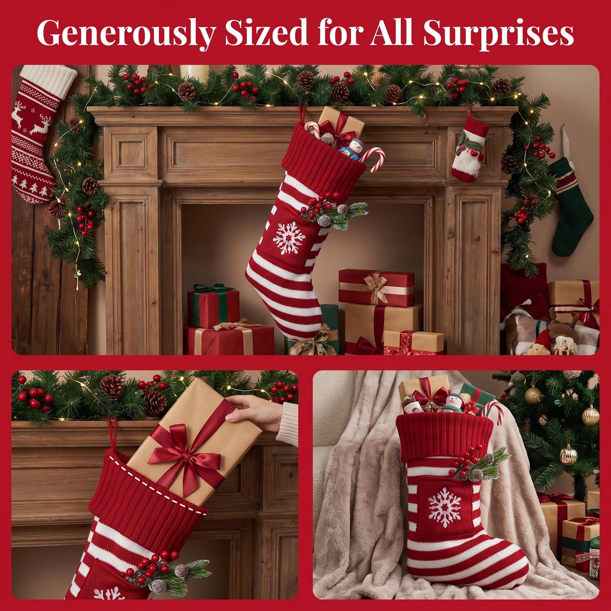 Unique Bargains Festive Christmas Stockings Luxury Cozy Lounge Accents Red Snowflake 18"