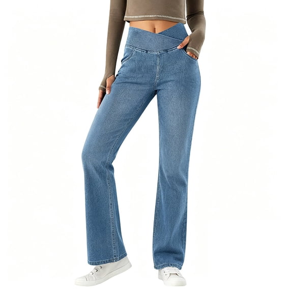 PBFRDSJ Women Crossover Waist Straight Leg Denim Jeans with Functional Pockets Suitable for Casual Daily Weekend Shopping Hang Out