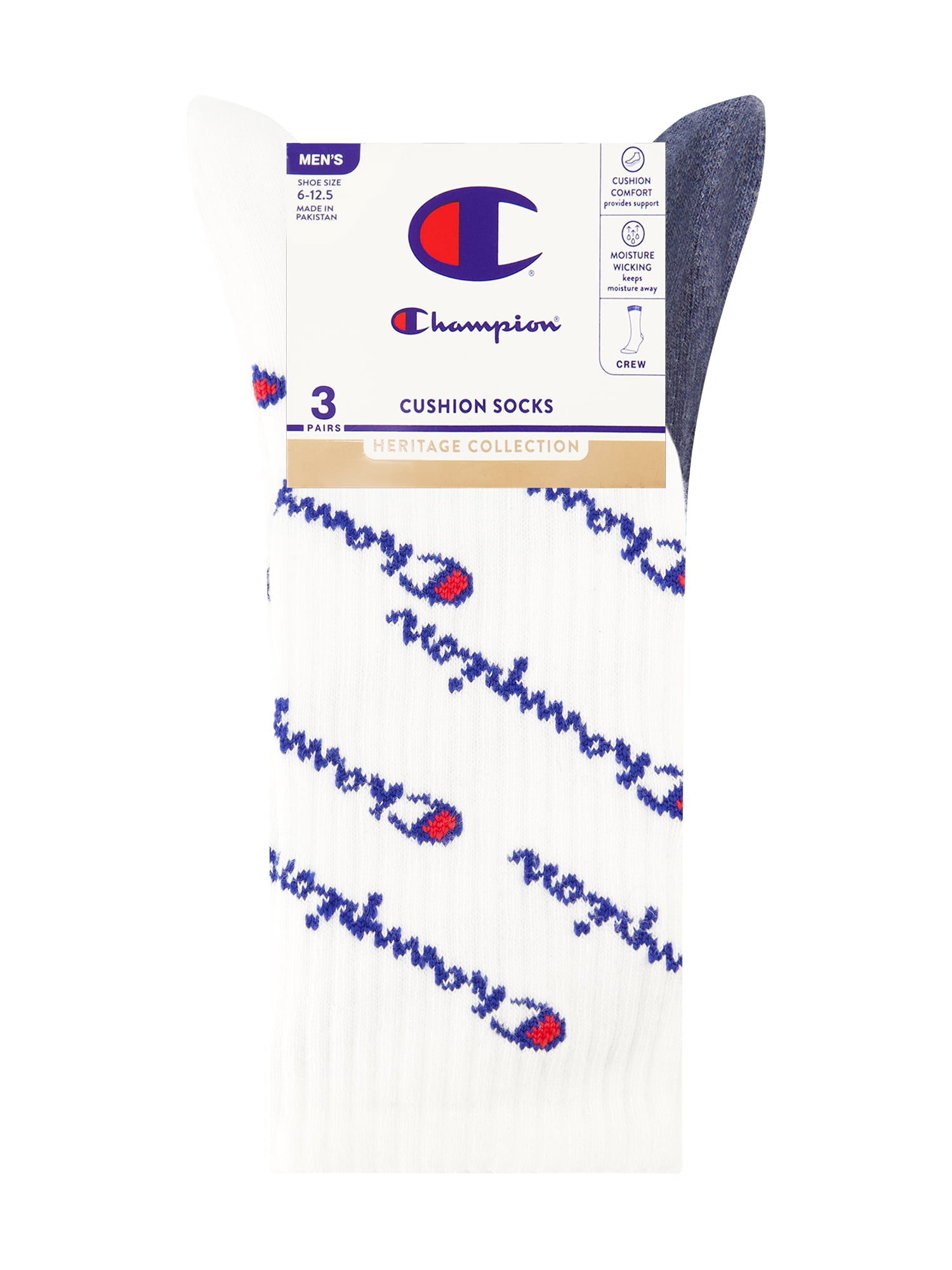 Champion Men’s Crew Socks 3 Pack – Half Terry Cushion, Moisture-Wicking, Arch Support, Stretch Comfort, Sizes 6–12.5