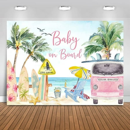 Image of Baby on Board Baby Shower Backdrop Summer Beach Baby Shower Background Surfing Girl Baby Shower Party Cake Table Decoration Banner Photo Booth Props (7x5ft)