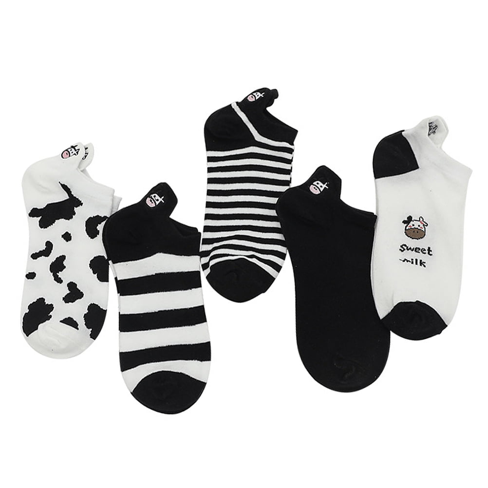 5Pairs/set Women Ankle boat Socks Cotton black/white Cow milk for summer/spring