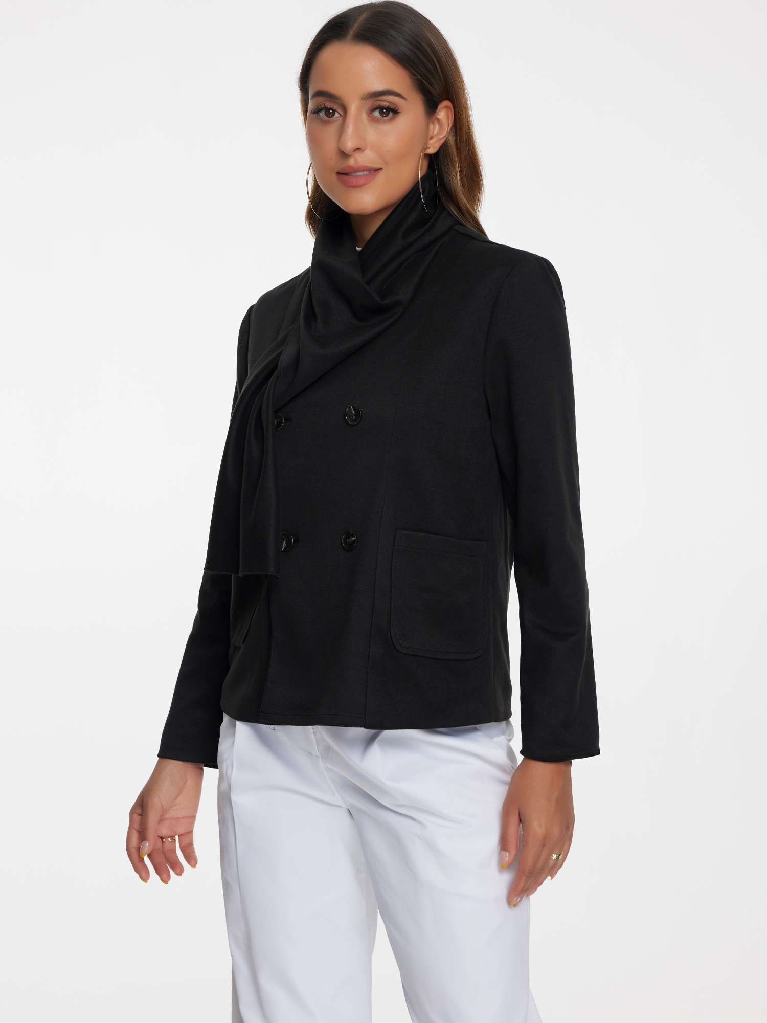 DARING DIVA Women's Double Breasted Outwear Fashion Overcoat with Scarf Black L