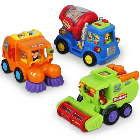 CifToys Friction Powered Push and Go Car Toys for Boys - Construction Vehicles Toys for 1 Year Old Boys (18 Months+) Toddlers Street Sweeper Truck, Cement Mixer Truck, Harvester Toy (Best Toy For A 5 Year Old Boy 2019)