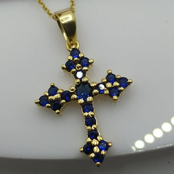 2.00Ct Round Cut Blue Sapphire Cross Pendant Necklace | 14K Yellow Gold Plated Sterling Silver | Religious Wedding Necklace with Free 18" Chain