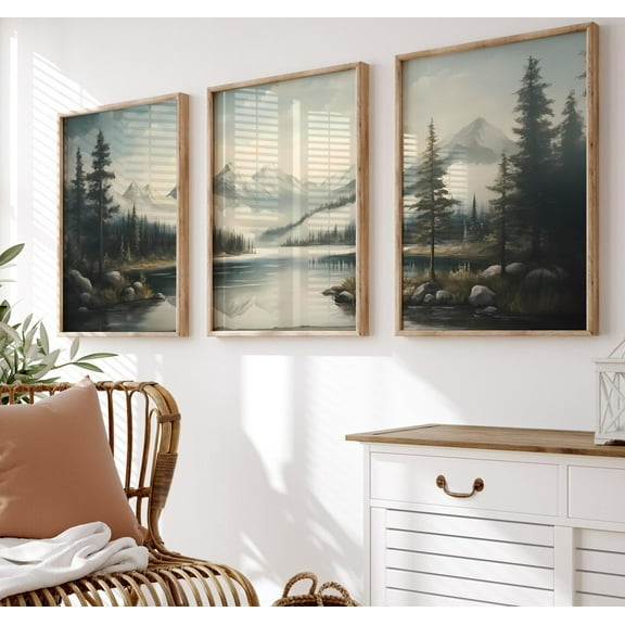 Luvia Moody Vintage Landscape Prints Set Of 3, Forest Mountain Lake Nature Triptych, Abstract Scenery, Modern Wall Decor Set 3 Prints 8x12 UNFRAMED