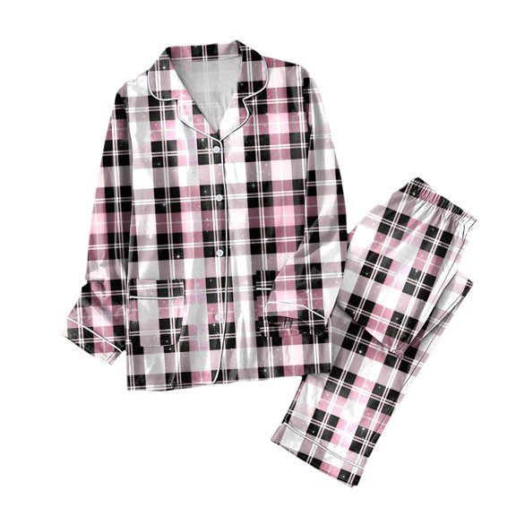 Wang6 Women's Plus Size Pajamas Sets 2 Piece Long Sleeve Pjs Sets V Neck Button Shirts Straight Leg Pants Ladies Loose Fit Plaid Sleepwear Lounge Sets X_White XL