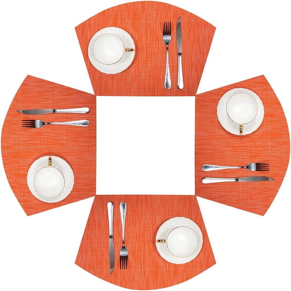 Fykuq Round Table Placemats Set of 4 Wedge Placemats Heat Resistant Woven Vinyl Table Mats for Round Table Wipe Clean (Orange)