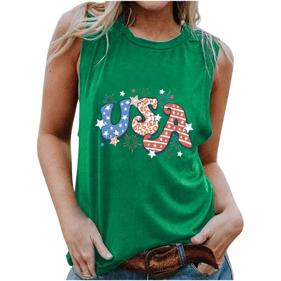 Wycnly 4th of July Tank Top for Women Casual Independence Day Tshirts Loose Comfy Lightweight Patriotic Vest Summer USA Letter Print Round Neck Sleeveless Fashion Blouses Green m