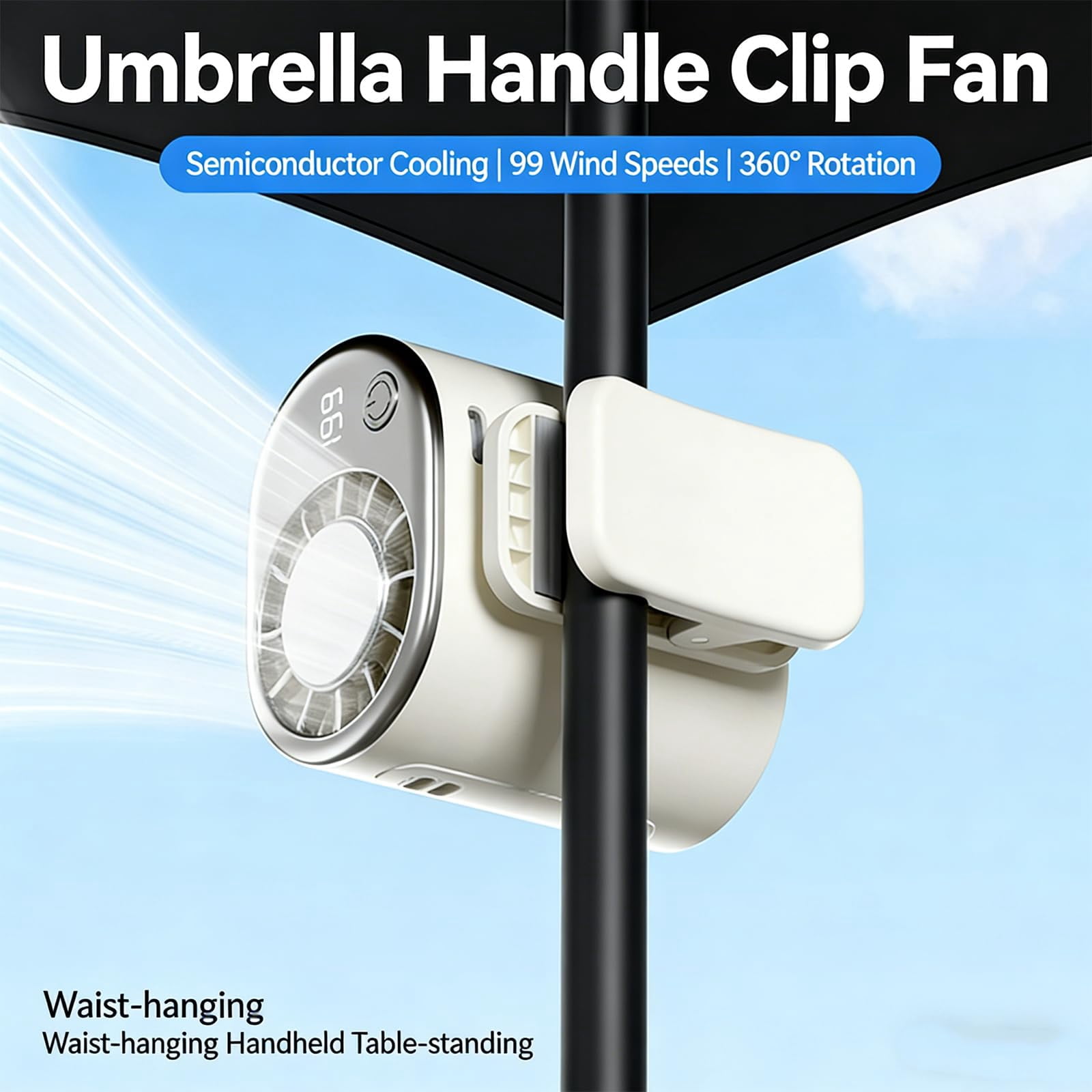 360° Rotating Semi-Cooling Clip Fan – Car Clip on Air Conditioner Fan with LED Display, 199 Speeds, USB Rechargeable, Low Noise, for Vehicle, Office & Travel