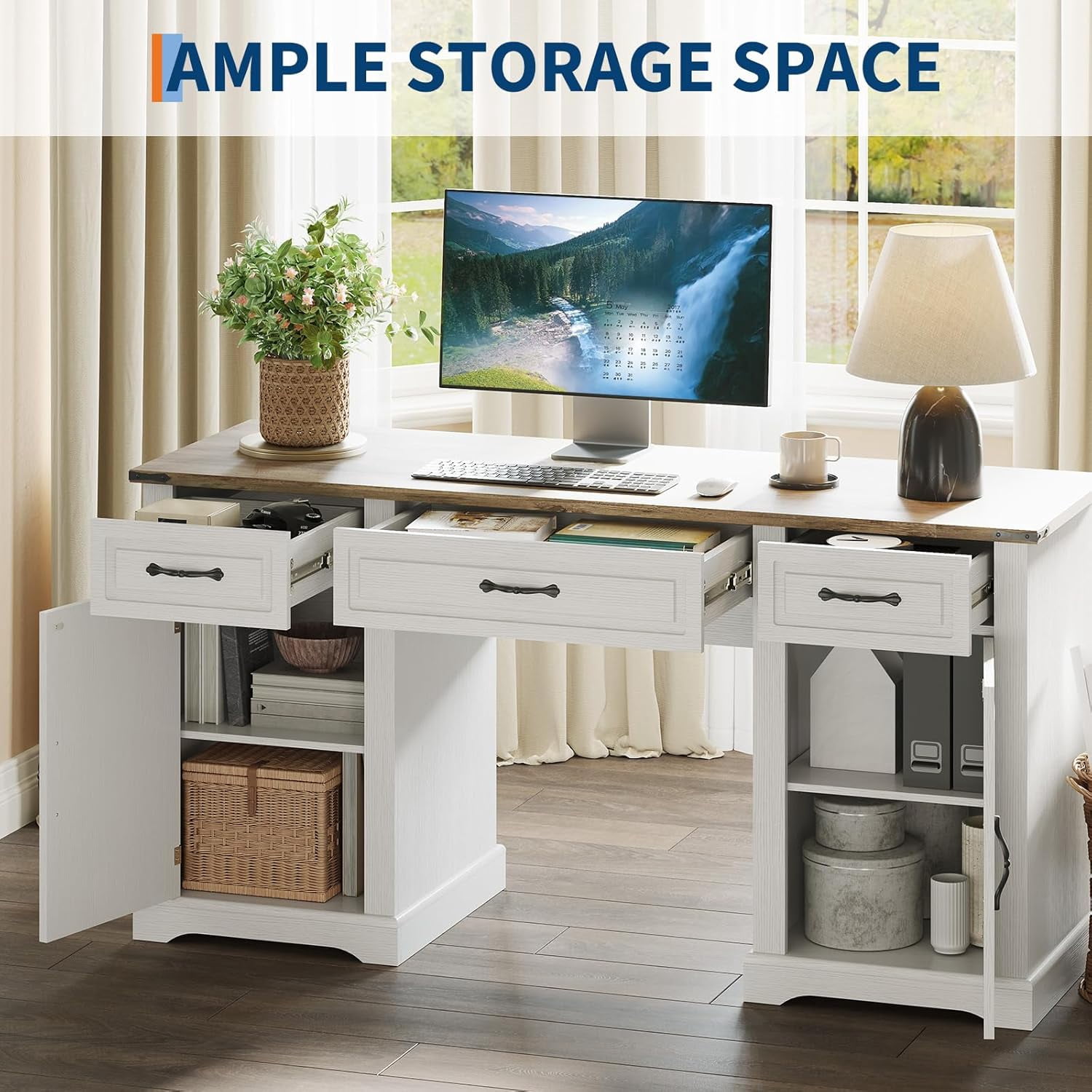 60" Farmhouse Executive Desk Computer Desks with Drawers and Cabinet Wood Workstation Computer Desks for Study and Home Office