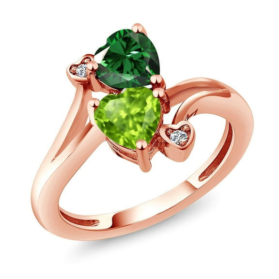 Gem Stone King 18K Rose Gold Plated Silver Green Nano Emerald Green Peridot and White Lab Grown Diamond Ring for Women (1.50 Cttw, Heart Shape 6MM, Gemstone May Birthstone, Size 8)