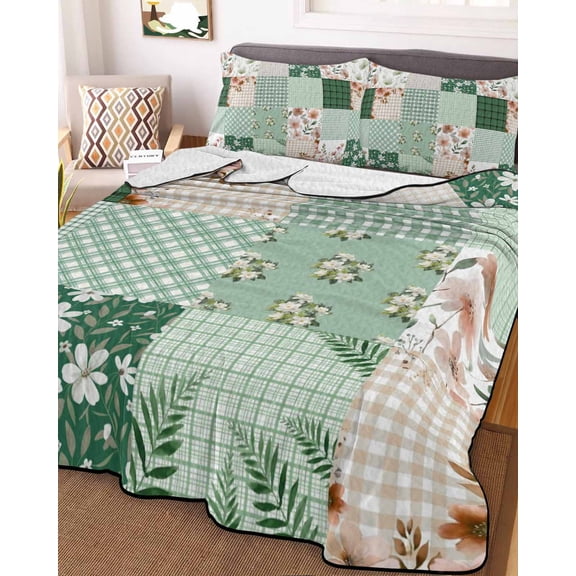 Boho Spring Floral Queen Size Down Alternative Comforter,Lightweight Comforter Quilt Bedding Set with Pillow Shams Retro Flowers Plants Patchwork Grid Green Bed Comforter Duvet Insert 90"x96"