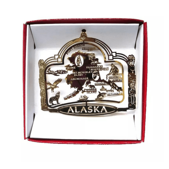Alaska State Brass Ornament Souvenir Gift Fairbanks Anchorage Ketchikan Juneau Kodiak Island