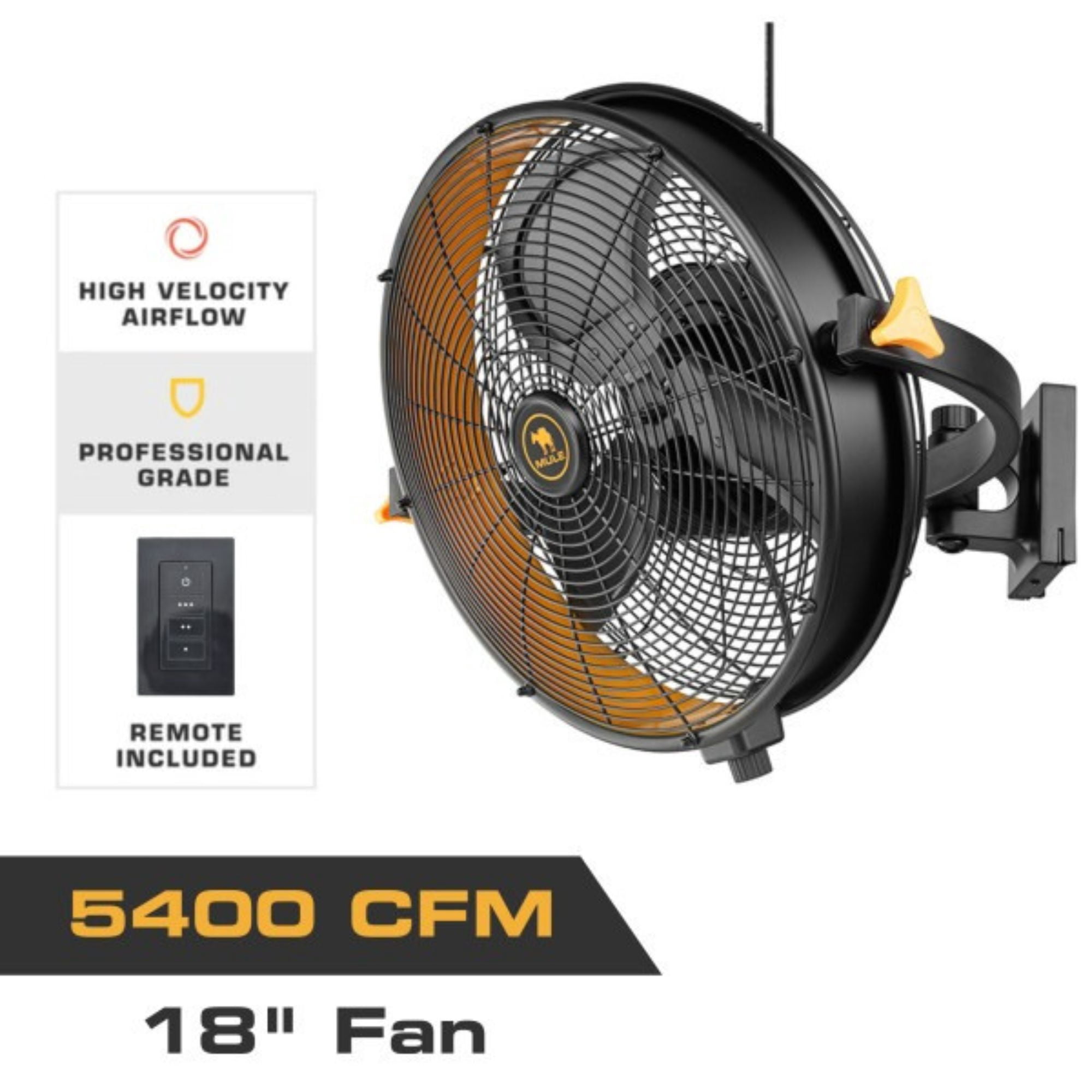 MULE 18" Industrial Wall Mount Fan, Wet-Rated, 3-Speed Garage Cooling with Remote Control