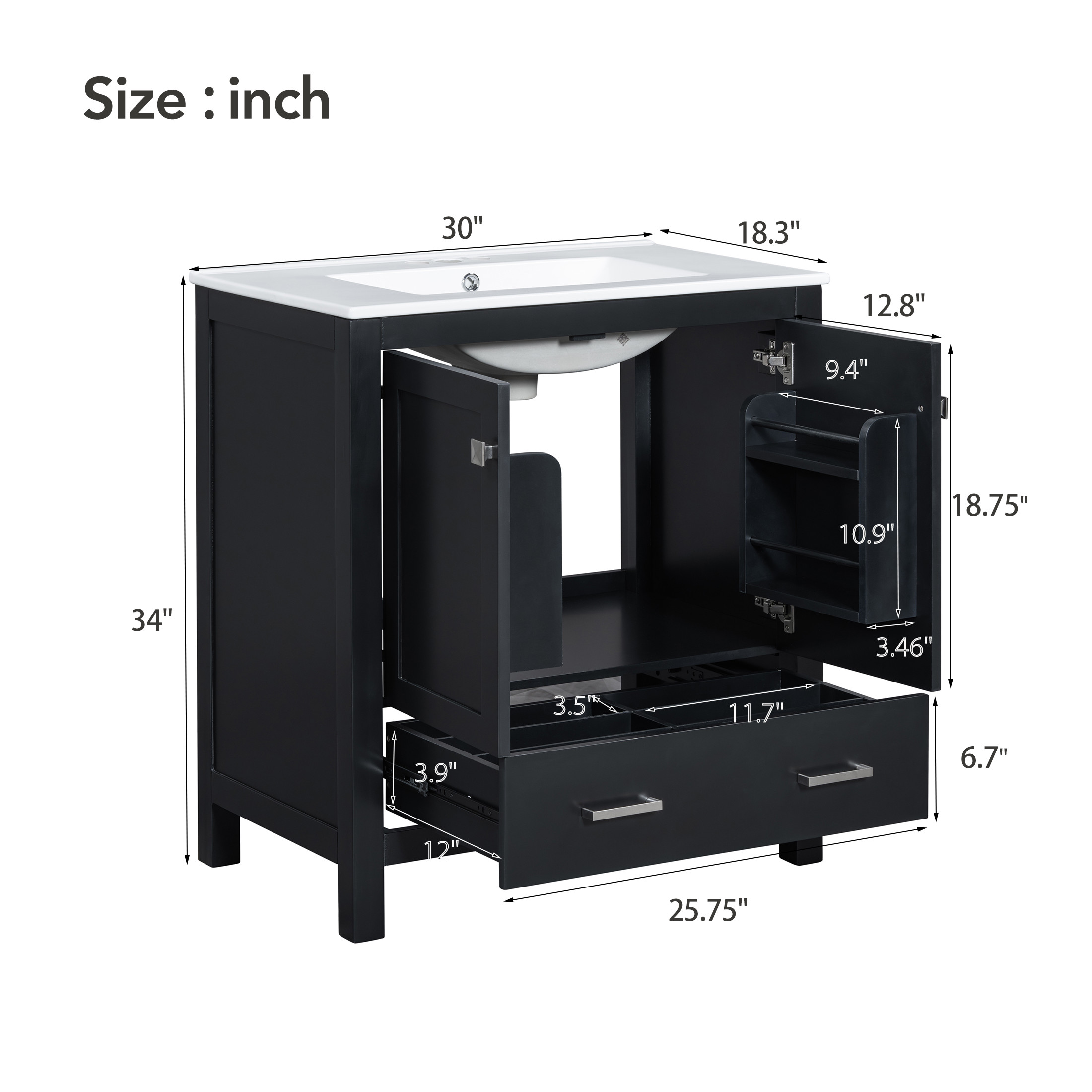 Zolaris Modern Bathroom Vanity with Ceramic Sink, Shelves, Drawers, Wood, Black