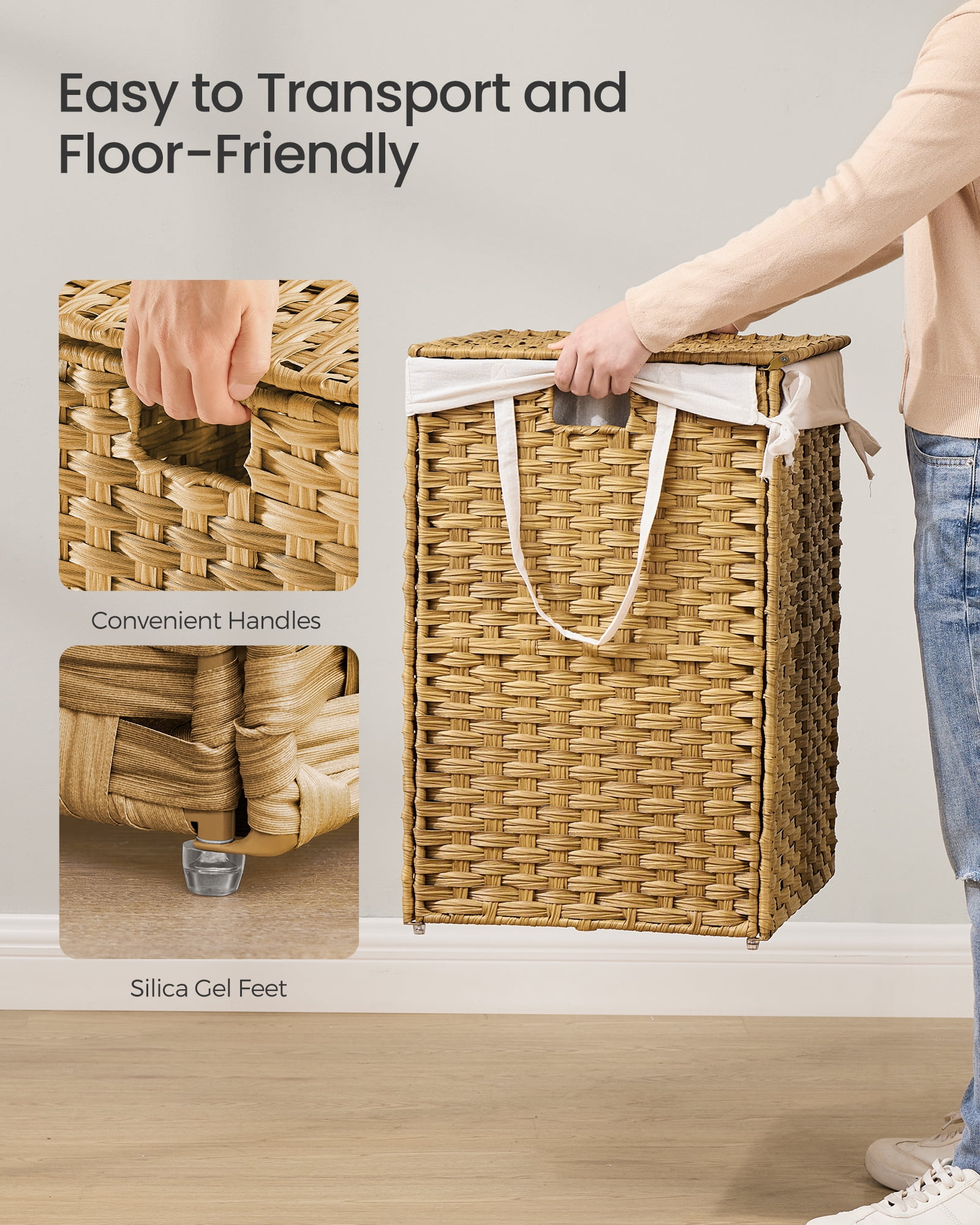 42.3 Gallon Foldable Laundry Hamper with Lid, Synthetic Rattan Storage Basket with Removable Liner & Handles, 160L Capacity, Natural