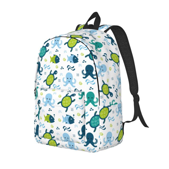 Disketp Cartoon Sea Creatures print Canvas Backpack Lightweight Travel Daypack Student Rucksack Laptop Backpack-Small
