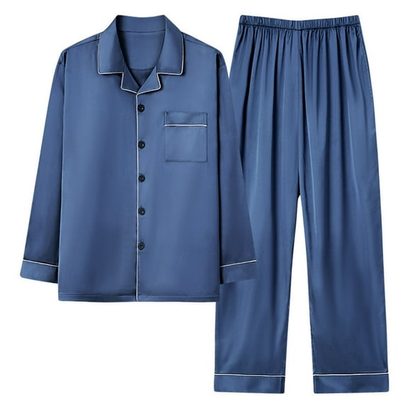 Tnhcen Women's Plus Size Ice Silk Pajama Set Long Sleeve Sleepwear Satin Loungewear Button Down Pajamas Comfortable Nightwear L-4XL Blue