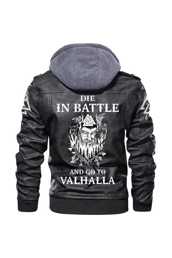 Men's Fleece Lined PU Leather Jacket with Odin's Son Pattern, Multiple Sizes for Versatile Wear