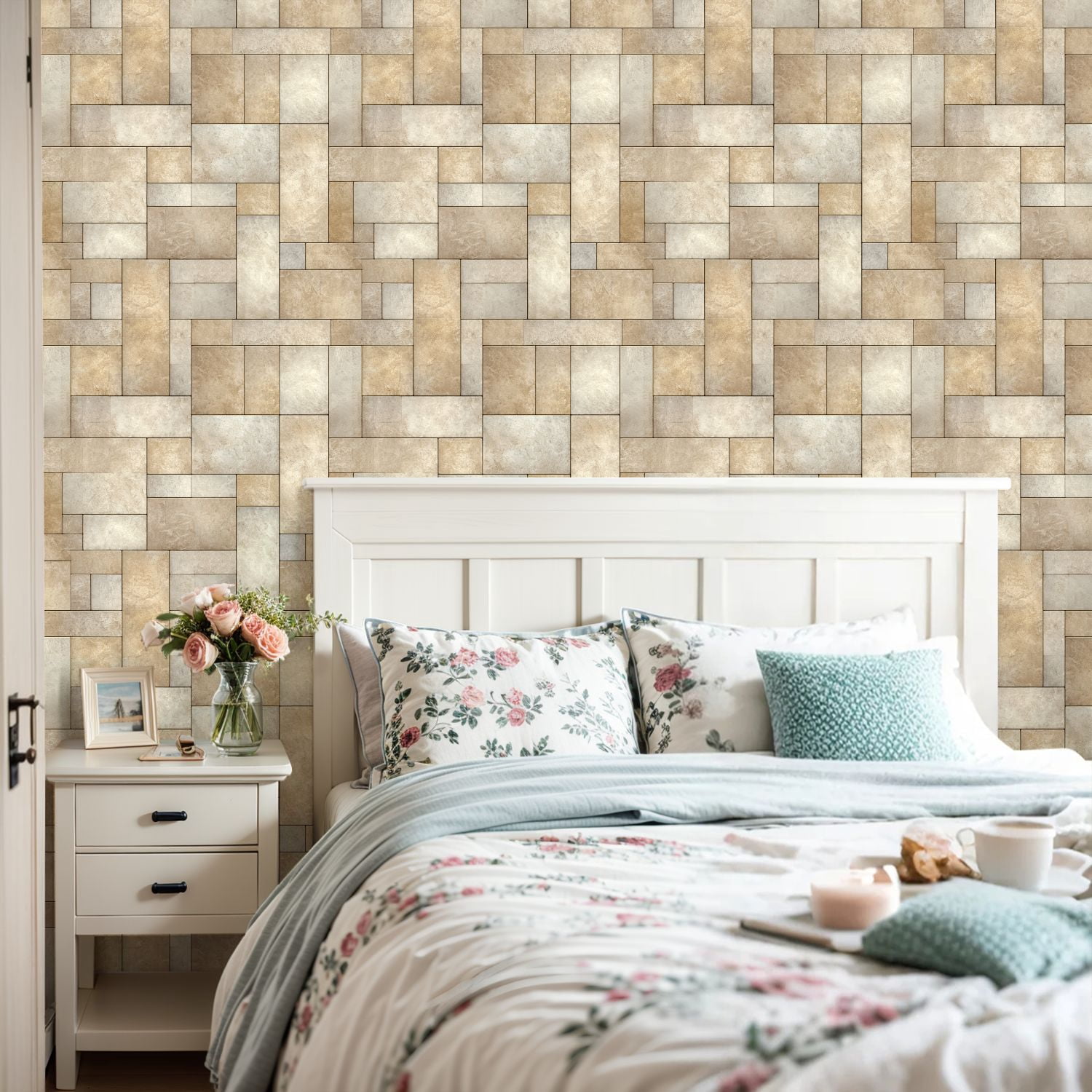 Peel and Stick Wallpaper Beige Cream Geometric Stone Tile Natural Texture 17.7in x 118in Contact Paper Removable Self Adhesive Wall Mural Wall Decor for Bedroom Kitchen Cabinets
