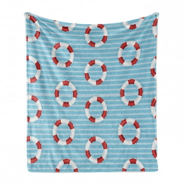 Coastal Soft Flannel Fleece Blanket, Nautical Sea Themed Composition with Pastel Colored Stripes Background, Cozy Plush for Indoor and Outdoor Use, 70" x 90", Baby Blue White and Red, by Ambesonne