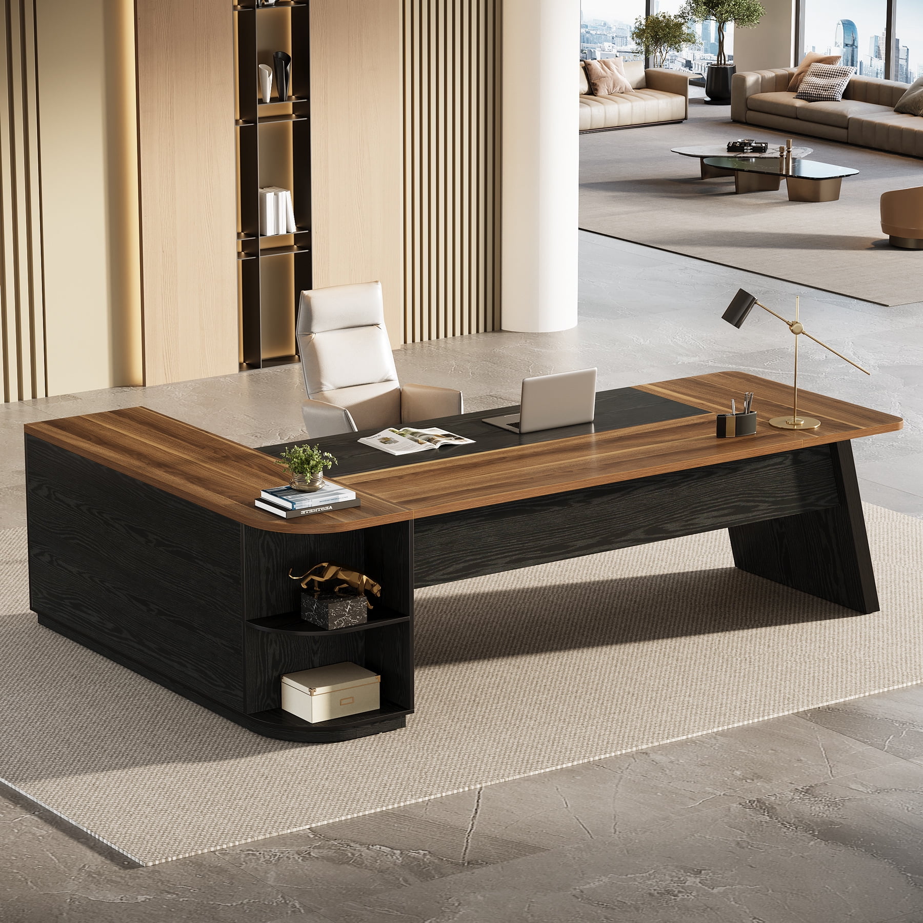 Finmind Executive Desk with Cabinet, 79-Inch L-Shaped Computer Table with Storage Shelves, Office Desk for Home Office, Brown and Black