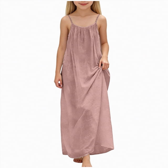 NIEWTR Robe Décontractée Tissée pour Tout-Petits et Bébés Filles, Bretelles Larges, Robe Soleil Fluide pour les Journées d'Été (Rose, 12-13 Ans)