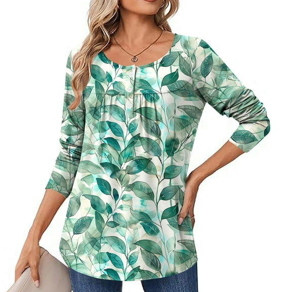 Craaazy Women's Fall Puff Long Sleeve Tunic Tops Pleated Crew Neck Shirts Blouses Dressy Casual Loose T-Shirts Womens Shirts