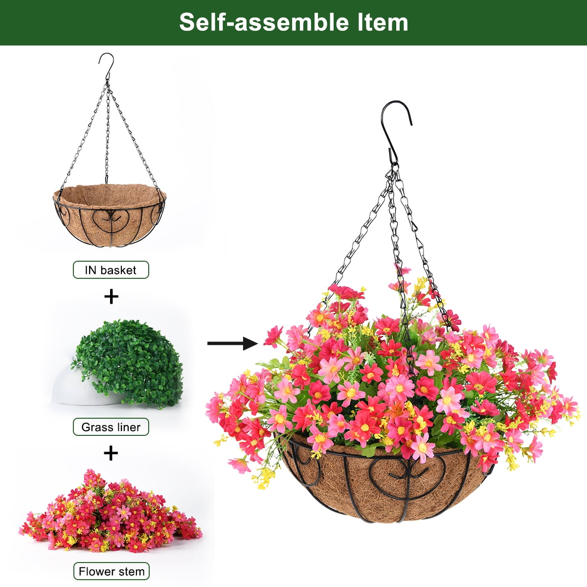 Artificial Hanging Flowers in Basket Outdoor Indoor Patio Lawn Garden Decor, Hanging Daisy Basket with 12inch Coconut Lining Chain Flowerpot (Pink)