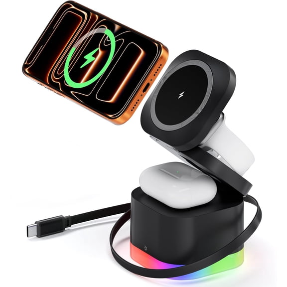 Wireless Charging Station, 5 in 1 Foldable Wireless Magnetic Charger 30W with Night Light, Portable Power Bank Battery Pack, Retractable Cable Travel Charger Stand for Phone, Watch, Air Pods (Black)