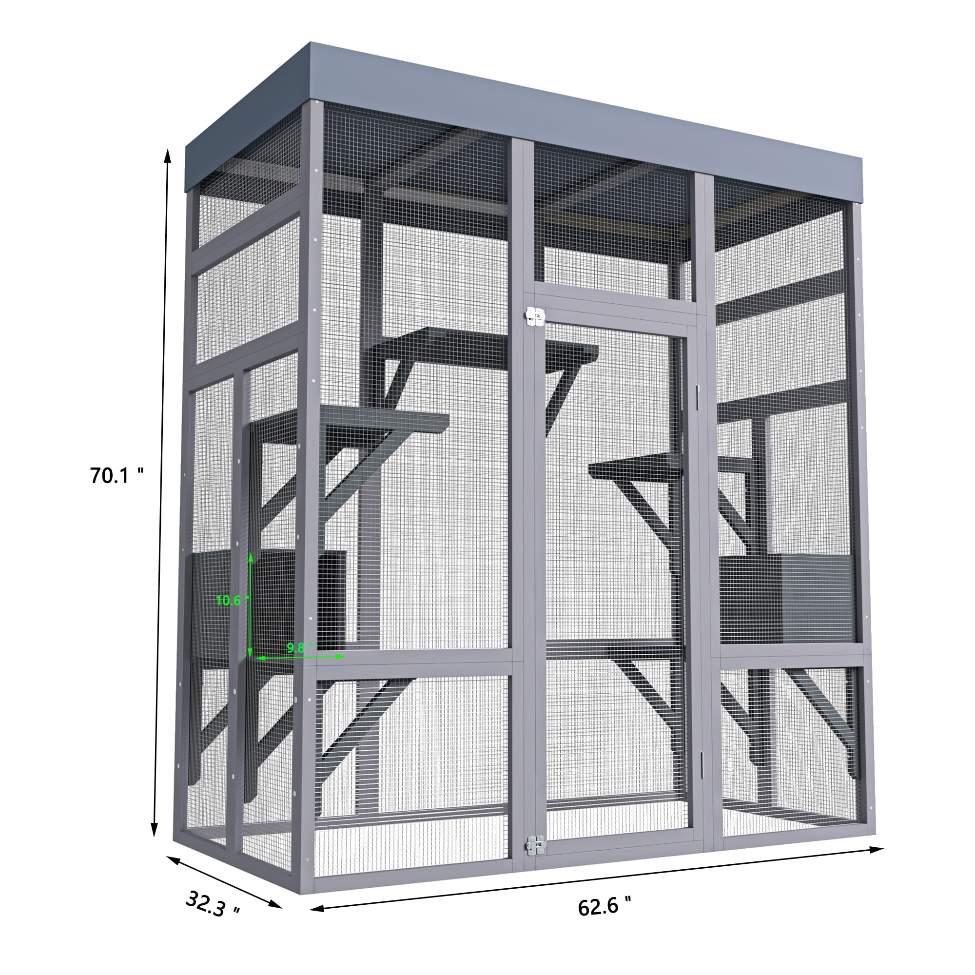 70＂H Catio Outdoor Cat Enclosure, Large Wood Cat House for Multiple Cats with Waterproof Roof, Cat Shelter Enclosure with 7 Jumping Platforms and 2 Napping House