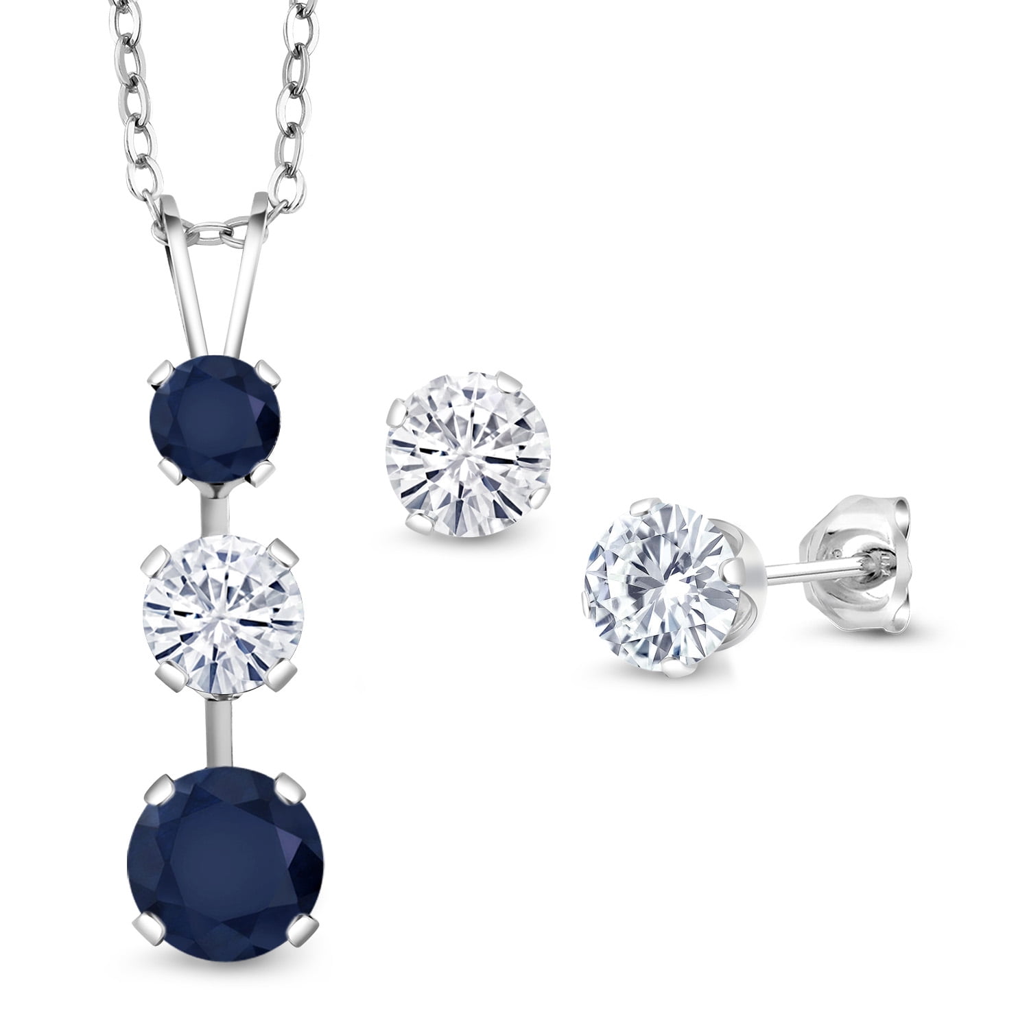Gem Stone King 925 Sterling Silver Blue Sapphire and White Moissanite Pendant and Earrings Jewelry Set for Women (2.95 Cttw, Gemstone September Birthstone, with 18 inch Chain)