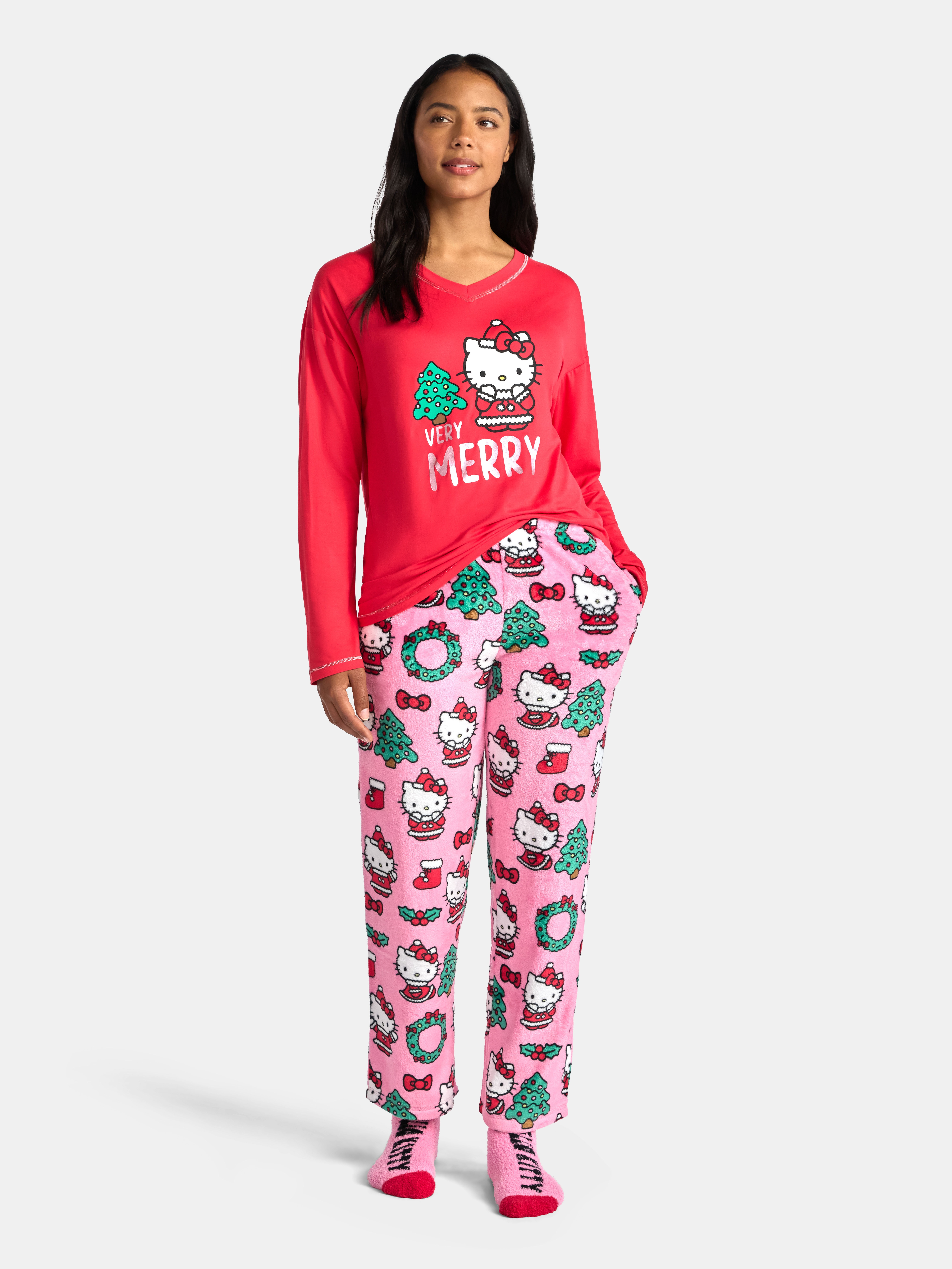 Hello Kitty Women's and Women’s Plus Christmas Top, Pants and Socks Sleep Gift Set, 3-Piece, Sizes XS-3X