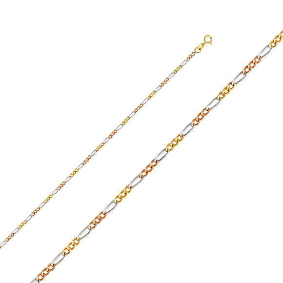 Precious Stars 14k Tri-tone Gold 1.8-mm Thin & Dainty Regular Concave 3+1 Figaro Chain