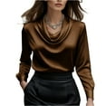 thumbnail image 2 of Women's Elegant Cowl Neck Satin Blouse Long Sleeve Office Work Shirt Silk Top Brown XL, 2 of 5