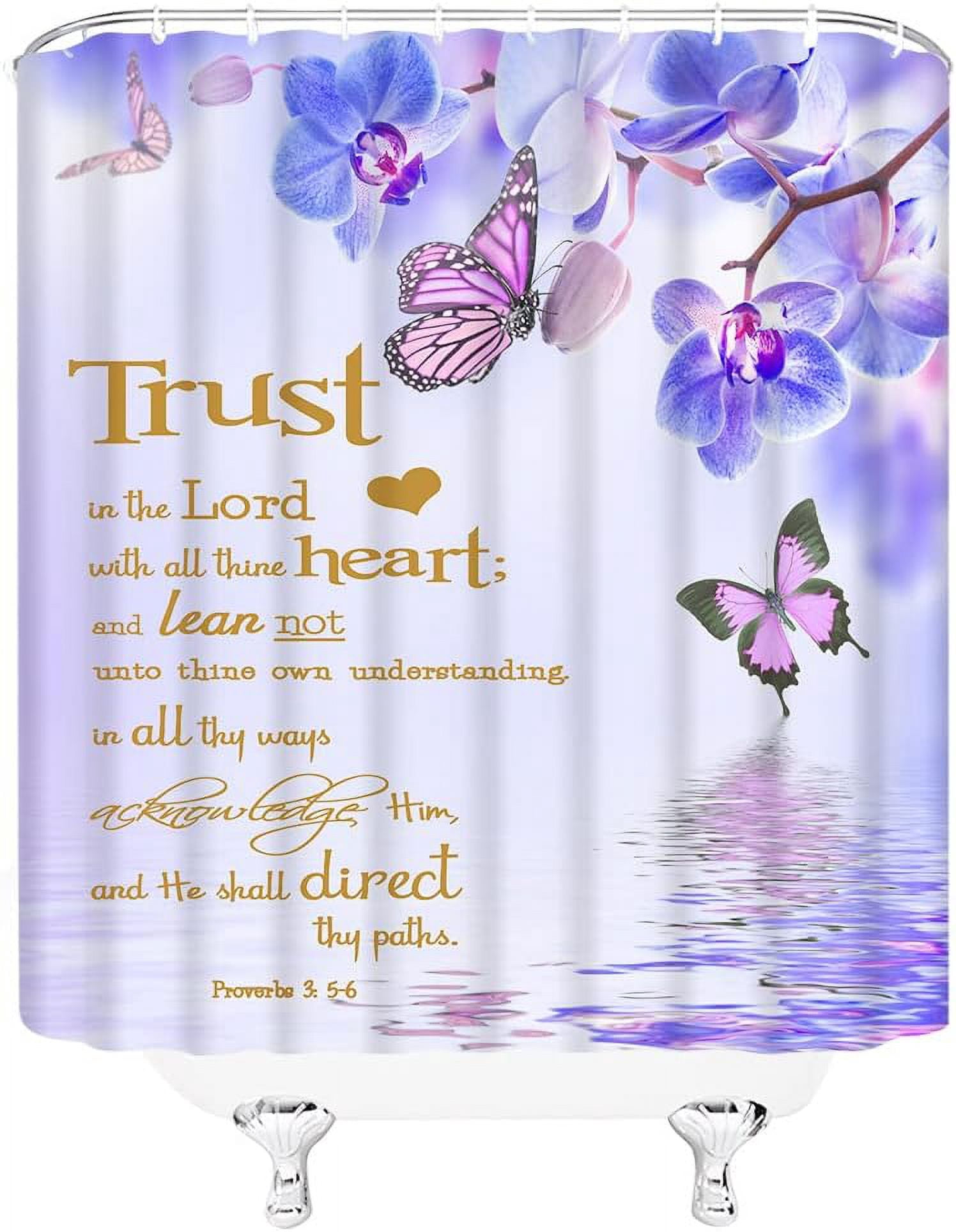Inspirational Quote Shower Curtain Purple Blue Flower Butterfly Trust in The Lord Motivational Words Nature Creative Rustic Bathroom Decor Fabric Curtain with Hooks