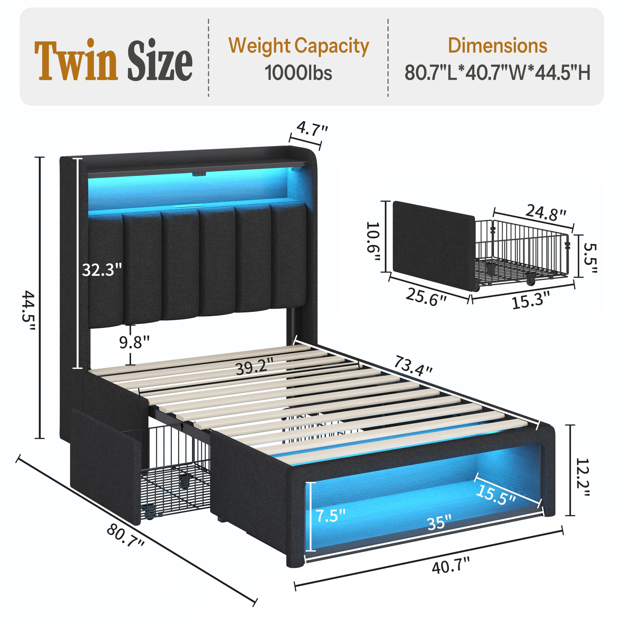 ChicZhiNest Twin Bed Frame with 2 Drawers and Storage Cabinets, Linen Upholstered Headboard LED Platform Bed with Charging Station, Black