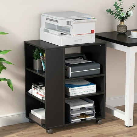 Tribesigns Mobile Printer Stand, Modern Printer Cart File Cabinet with Storage on Wheels, Open Shelves, Computer Side Table Machine Stand for Home Office (Black)