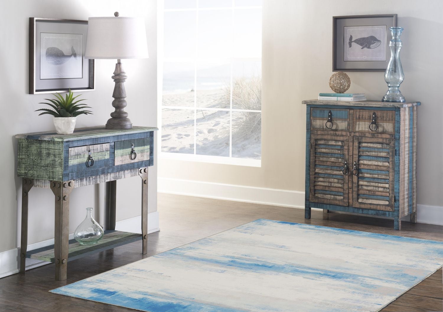 Tiana 5' x 7' Washable Area Rug, Ivory and Blue