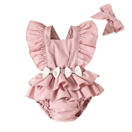 

Rovga Baby Girl Bodysuits Fly Sleeve Bowknot Solid Color Ruffles Romper Bodysuits With Headbands Outfits