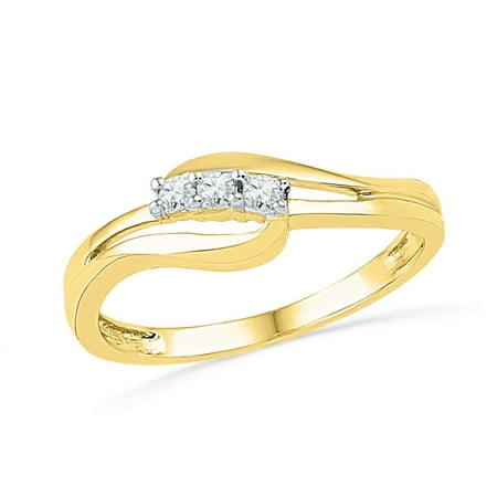 3 Stone Diamond Band Size - 7 - Solid 10k Yellow Gold Round White Diamond Engagement Ring OR Fashion Band Channel Set 3 Stone Shaped Ring (1/10 cttw) ()