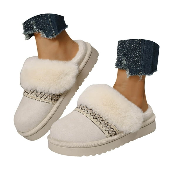 Mepaouo Fuzzy House Slippers for Women Memory Foam Suede Mules Mini Boots Winter Snow Slip on Shoes