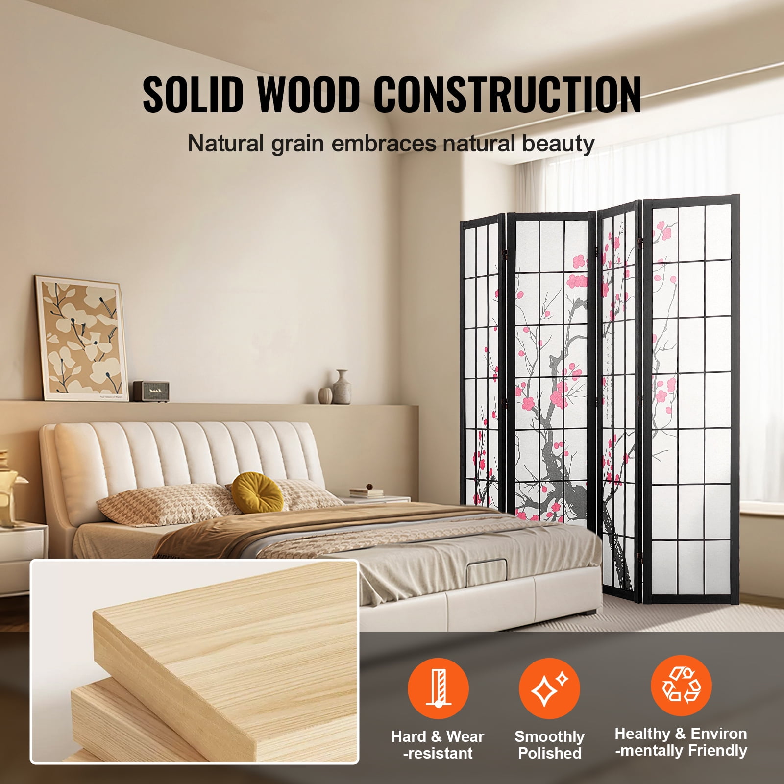 KFFKFF 4-Panel Japanese Room Divider Screen, Wooden Folding Privacy Screen for Indoor Use, Portable Partition for Room Separation and Decoration in Home, Office, Restaurant, and Bedroom