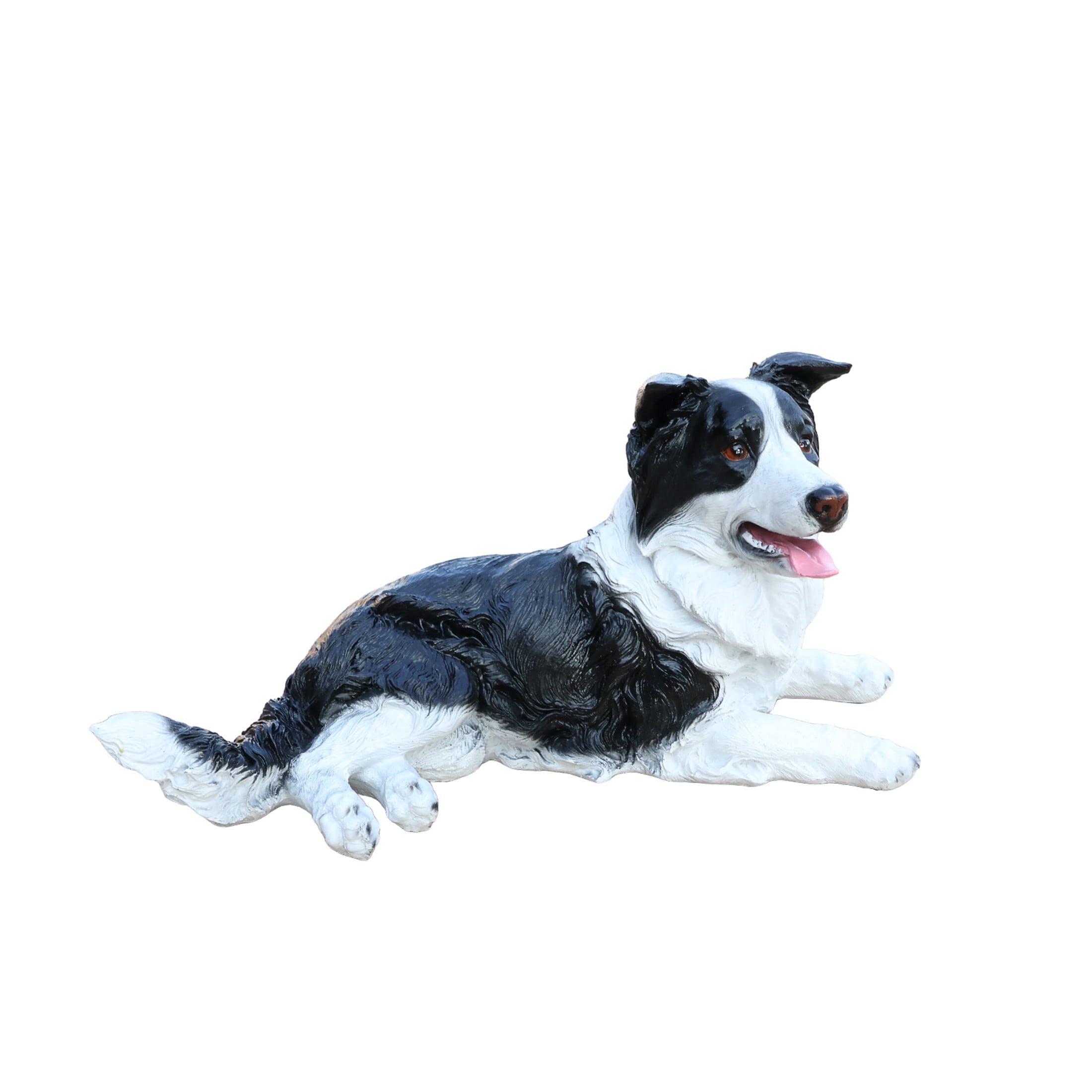Noble House Lifelike Lying Border Collie Statue, Realistic Resin Animal Figurine for Outdoor Garden Decor, Black White