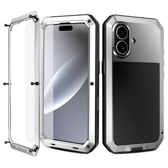 for iPhone 17 Case, 360 Full Body Protective Cover Heavy Duty Shockproof Armor Aluminum Alloy Metal Case with Silicone Built-in Screen Protector for iPhone 17, Silver