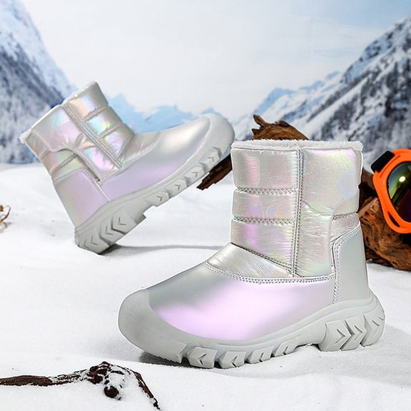 GobdXE Kids Snow Boots Girls Winter Boots Iridescent Shiny Fur Lined Chunky Sole Waterproof Boots Grey,7.5-8 Years