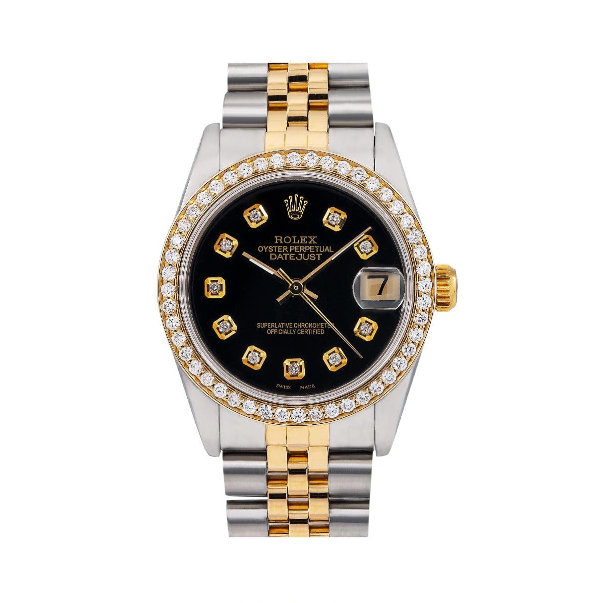Pre-Owned Rolex Datejust 68273 31MM Black Diamond Dial And Bezel With Two Tone Jubilee Bracelet