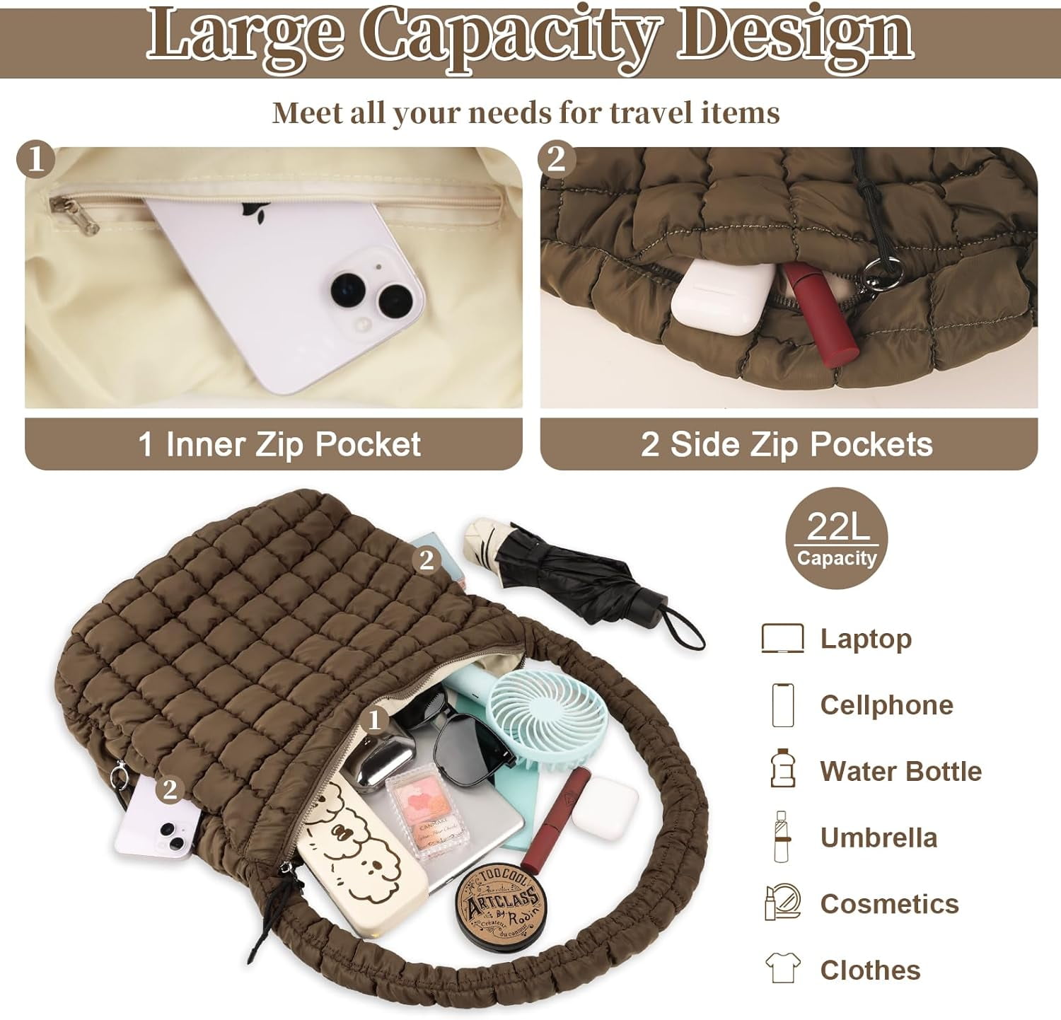 Lohol Quilted Puffer Tote Bag for Women - Large Crossbody Bag, Lightweight Nylon Puffy Carryall Hobo Puff Shoulder Bag-Brown