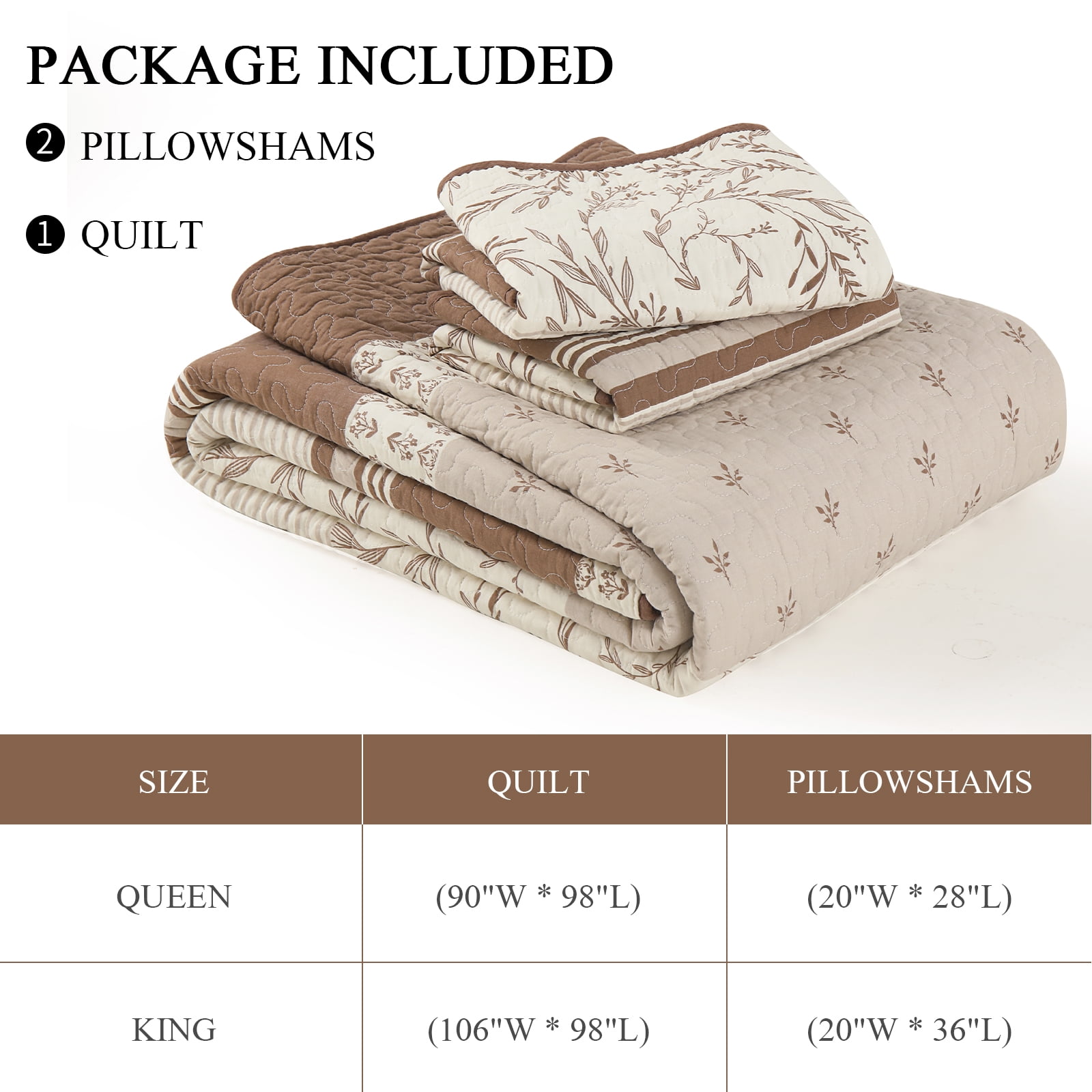 SahSahCasa Quilt Set King Size - 100% Cotton Botanical Farmhouse Quilt King Size, Lightweight Striped Quilted Bedspread, Beige Brown King Quilt Bedding Set All Season, 3 Pieces